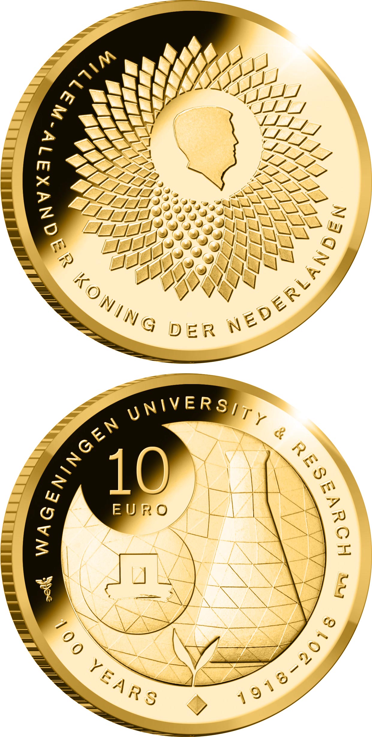 Image of 10 euro coin - 100th Anniversary of the University of Wageningen | Netherlands 2018.  The Gold coin is of Proof quality.