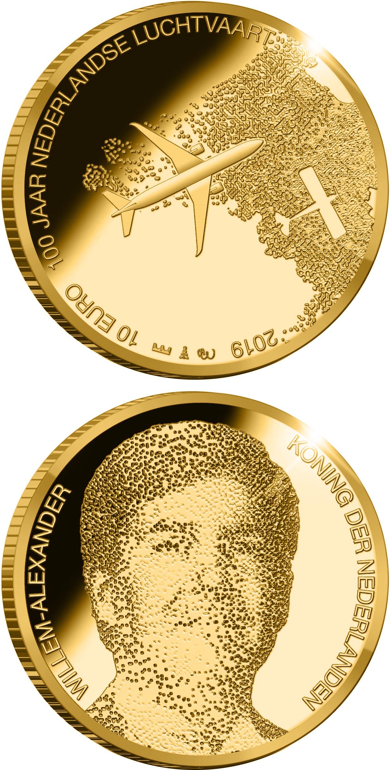 Image of 10 euro coin - 100 years of aviation in the Netherlands | Netherlands 2019.  The Gold coin is of Proof quality.