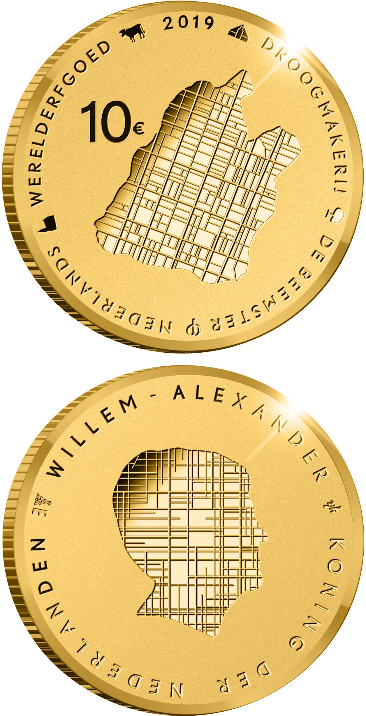 Image of 10 euro coin - Beemster | Netherlands 2019.  The Gold coin is of Proof quality.