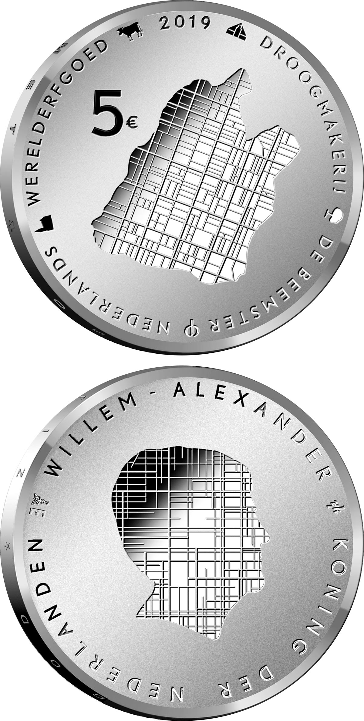 Image of 5 euro coin - Beemster | Netherlands 2019.  The Silver coin is of Proof, UNC quality.