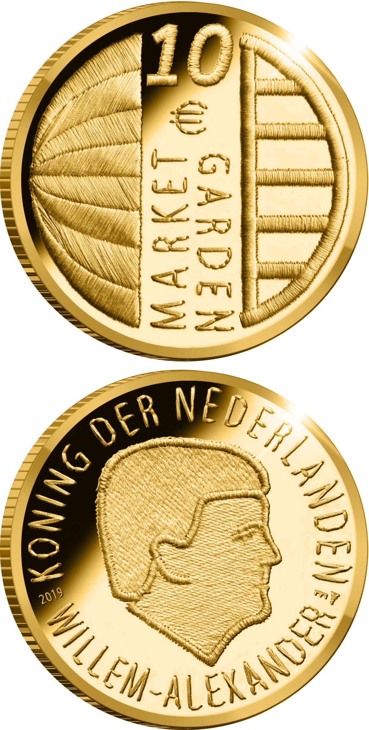 Image of 10 euro coin - 75th anniversary of Operation Market Garden | Netherlands 2019.  The Gold coin is of Proof quality.