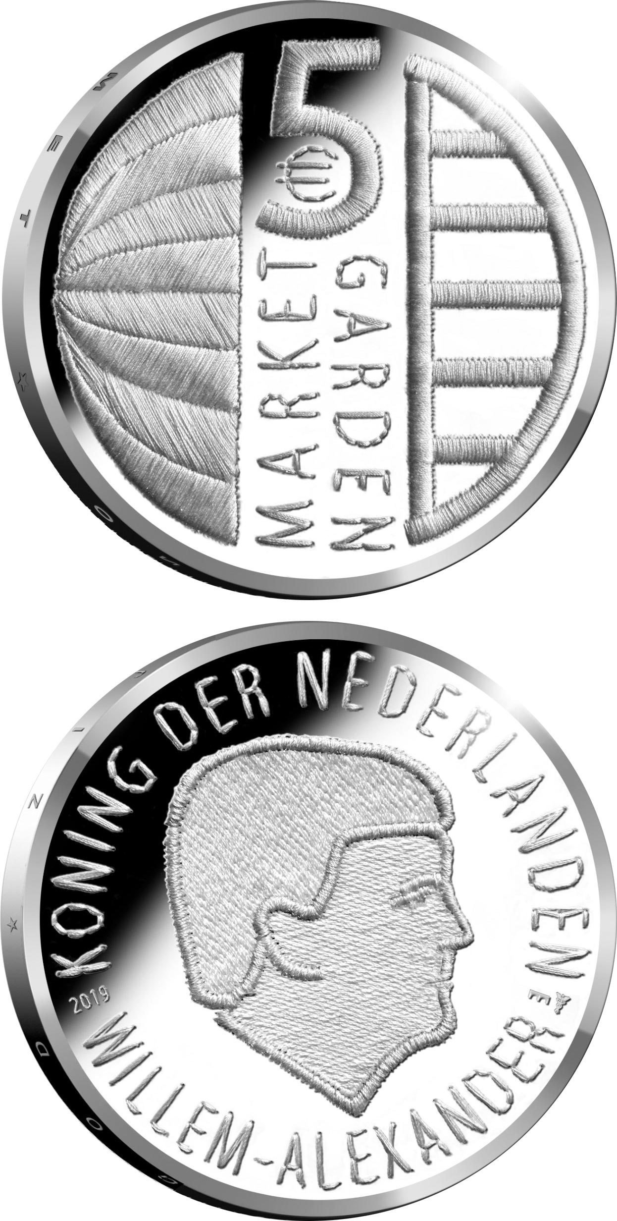 Image of 5 euro coin - 75th anniversary of Operation Market Garden | Netherlands 2019.  The Silver coin is of Proof, UNC quality.