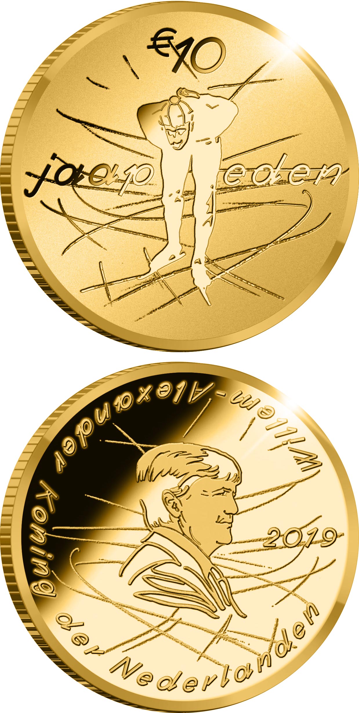 Image of 10 euro coin - Jaap Eden | Netherlands 2019.  The Gold coin is of Proof quality.