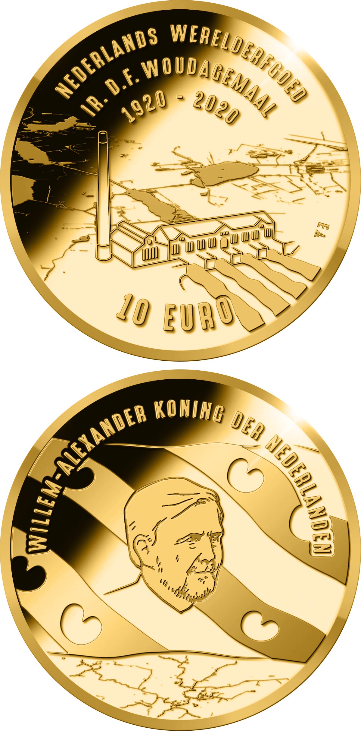 Image of 10 euro coin - 100th anniversary of the Ir. D.F. Woudagemaal  | Netherlands 2020.  The Gold coin is of Proof quality.