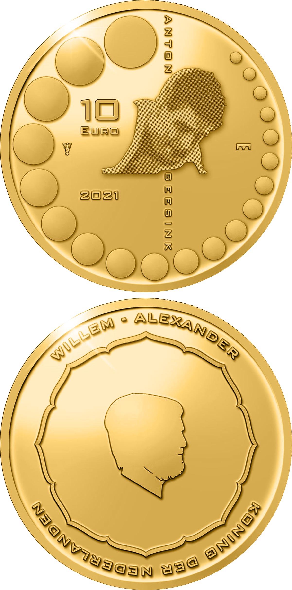 Image of 10 euro coin - Anton Geesink | Netherlands 2021.  The Gold coin is of Proof quality.