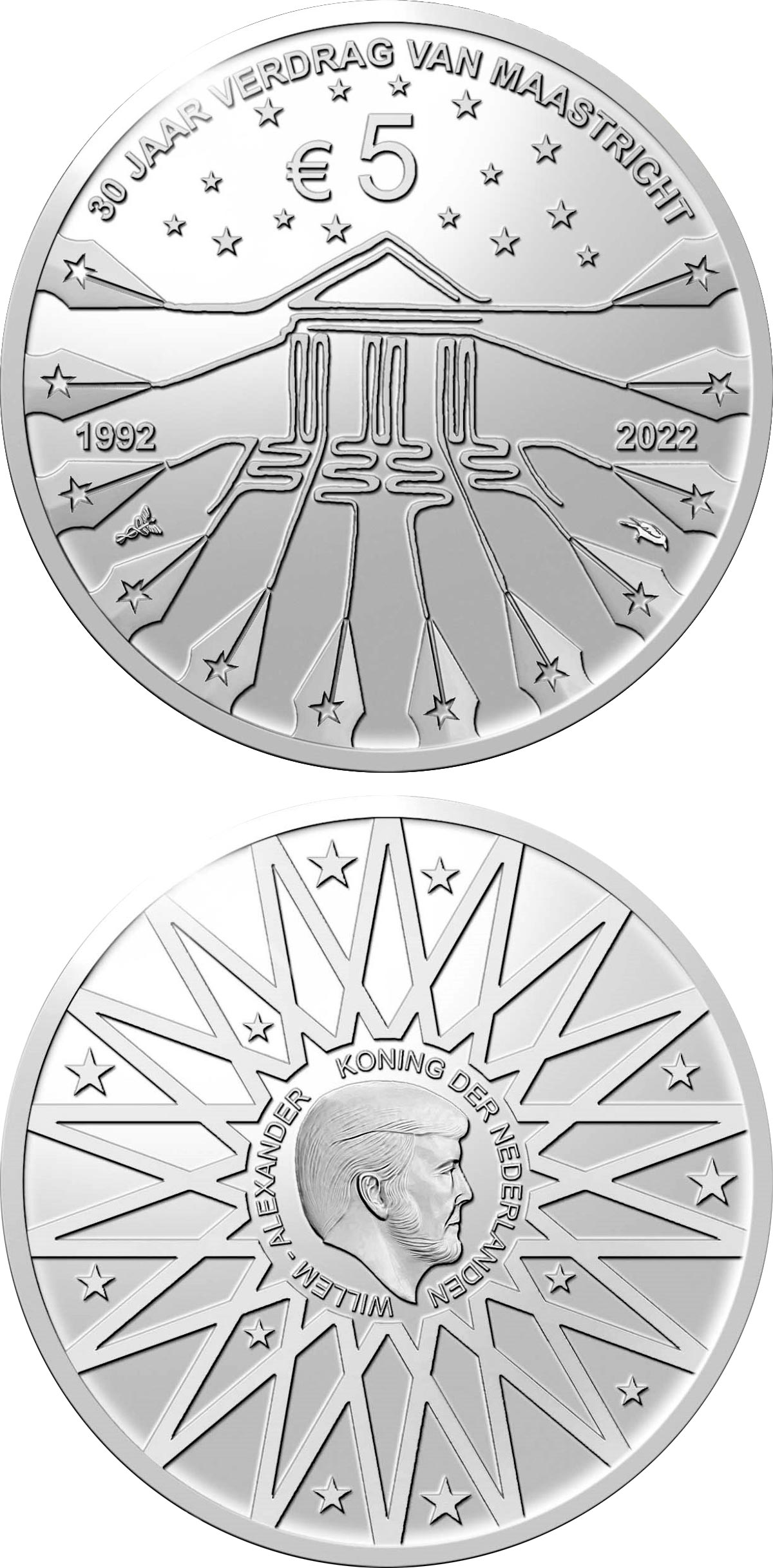 Image of 5 euro coin - 30th anniversary of the Maastricht Treaty | Netherlands 2022.  The Silver coin is of Proof, UNC quality.