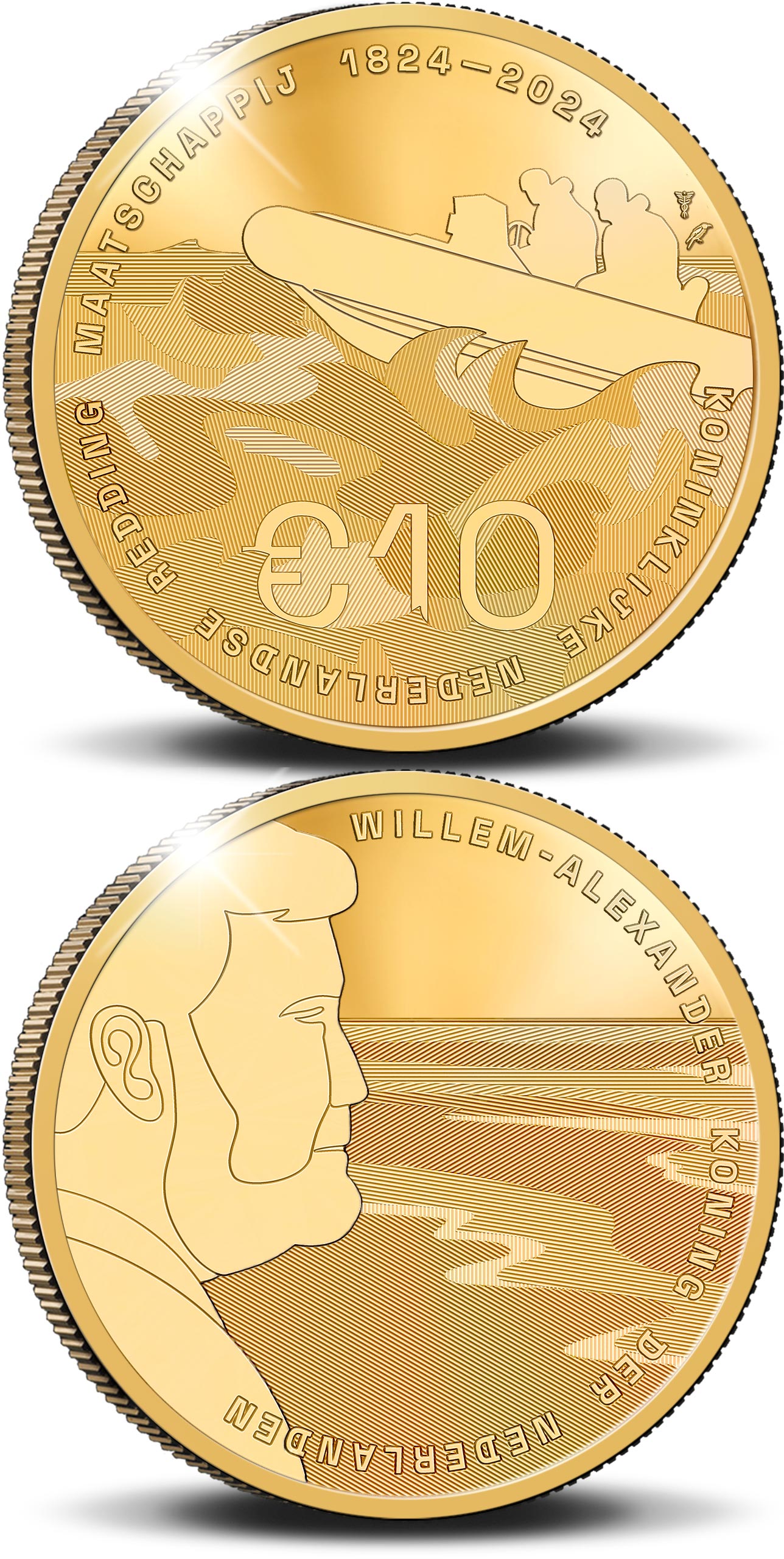 Image of 10 euro coin - KNRM 200 Years | Netherlands 2024.  The Gold coin is of Proof quality.