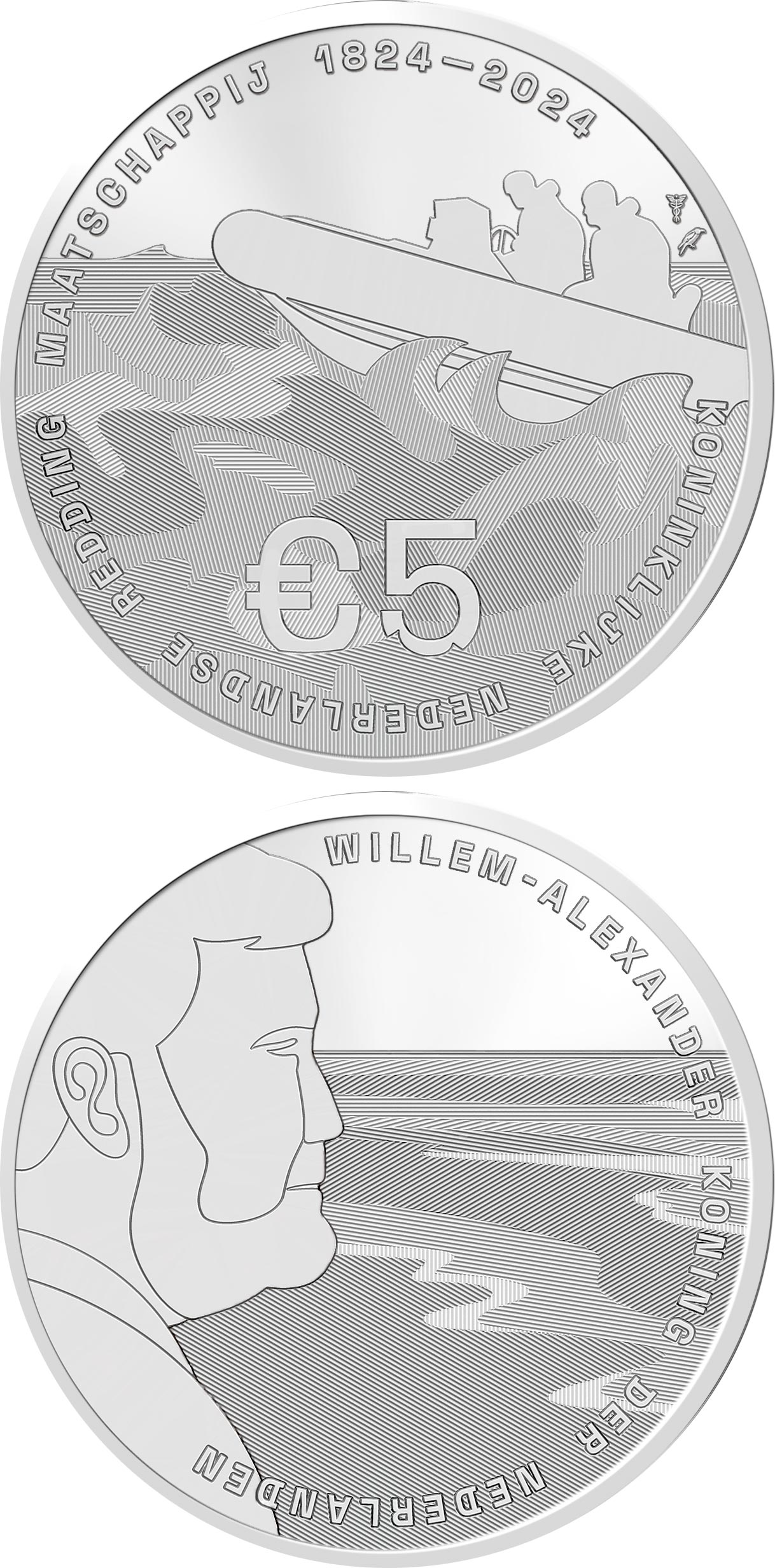 Image of 5 euro coin - KNRM 200 Years | Netherlands 2024.  The Silver coin is of Proof, UNC quality.