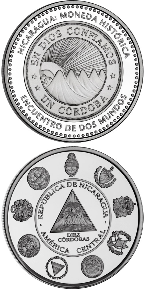 Image of 10 córdobas coin - Historic Ibero-American Coins | Nicaragua 2010.  The Silver coin is of Proof quality.