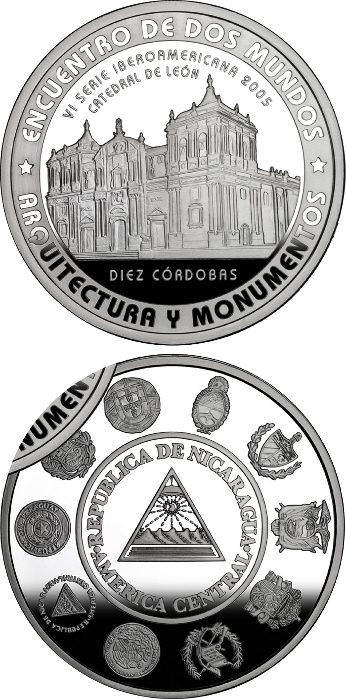 Image of 10 córdobas coin - Architecture and Monuments – Basilica Cathedral of the Assumption | Nicaragua 2005.  The Silver coin is of Proof quality.