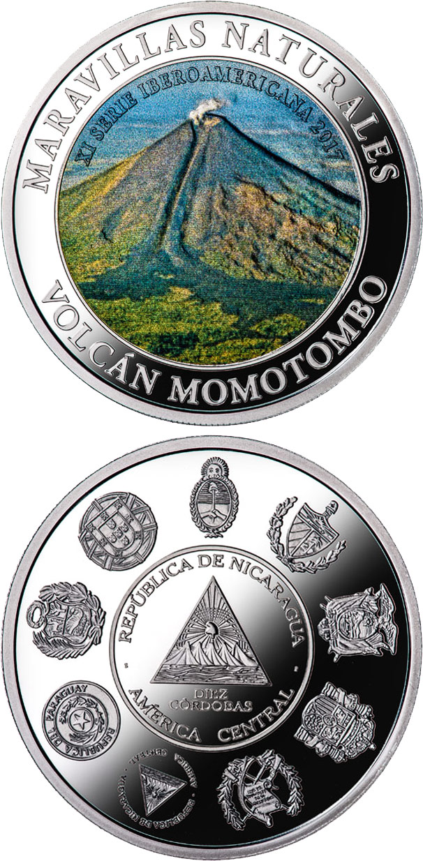 Image of 10 córdobas coin - Wonders of nature - Momotombo volcano | Nicaragua 2017.  The Silver coin is of Proof quality.