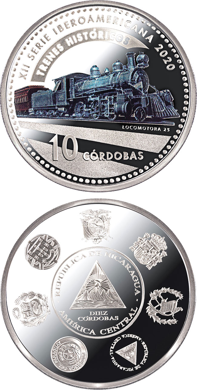 Image of 10 córdobas coin - Historic Railways | Nicaragua 2020.  The Silver coin is of Proof quality.