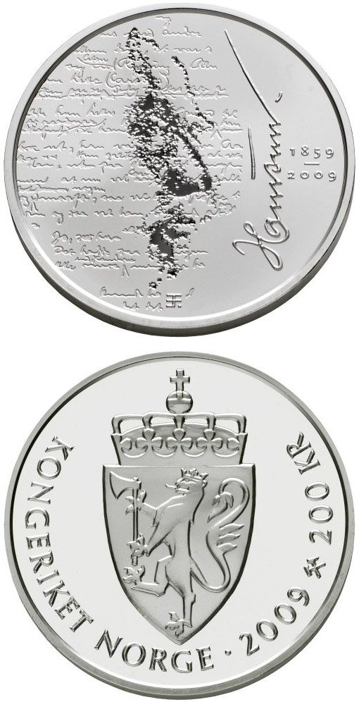 Image of 200 krone coin - 150th anniversary of Knut Hamsun’s birth  | Norway 2009.  The Silver coin is of Proof quality.
