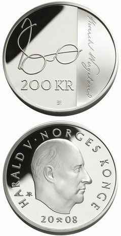 Image of 200 krone coin - 200th anniversary of Henrik Wergeland’s birth  | Norway 2008.  The Silver coin is of Proof quality.