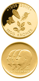 1500 krone coin 100th anniversary of the Dissolution of the Union between Norway and Sweden in 2005  | Norway 2003