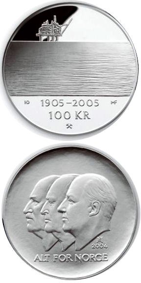 Image of 100 krone coin - 100th anniversary of the Dissolution of the Union between Norway and Sweden in 2005  | Norway 2004.  The Silver coin is of Proof quality.