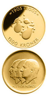 Image of 1500 krone coin - 100th anniversary of the Dissolution of the Union between Norway and Sweden in 2005  | Norway 2004.  The Gold coin is of Proof quality.