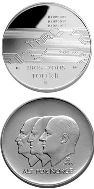 Image of 100 krone coin - 100th anniversary of the Dissolution of the Union between Norway and Sweden in 2005  | Norway 2005.  The Silver coin is of Proof quality.