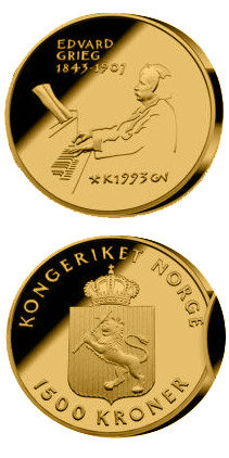 Image of 1500 krone coin - 150th Anniversary of the Birth of  the Edvard Grieg  | Norway 1993.  The Gold coin is of Proof quality.