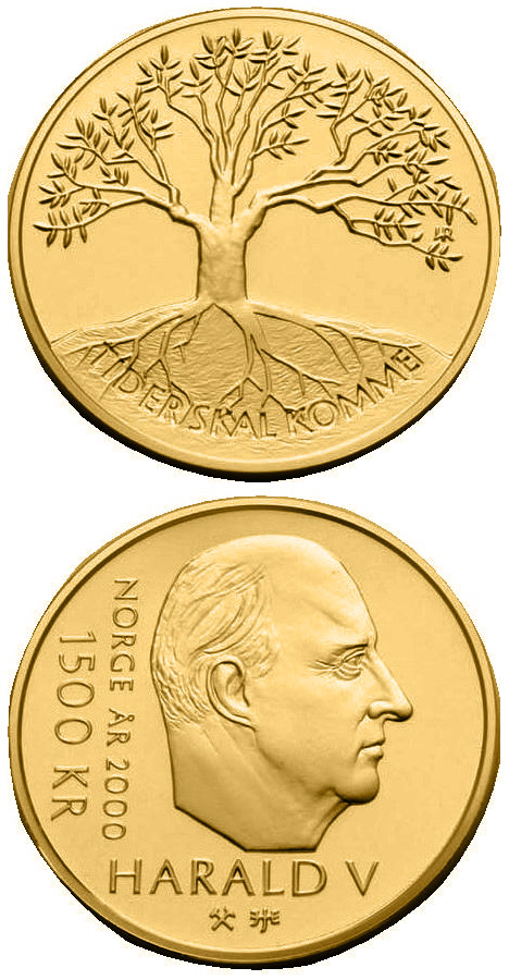 Image of 1500 krone coin - Millennium | Norway 2000.  The Gold coin is of Proof quality.
