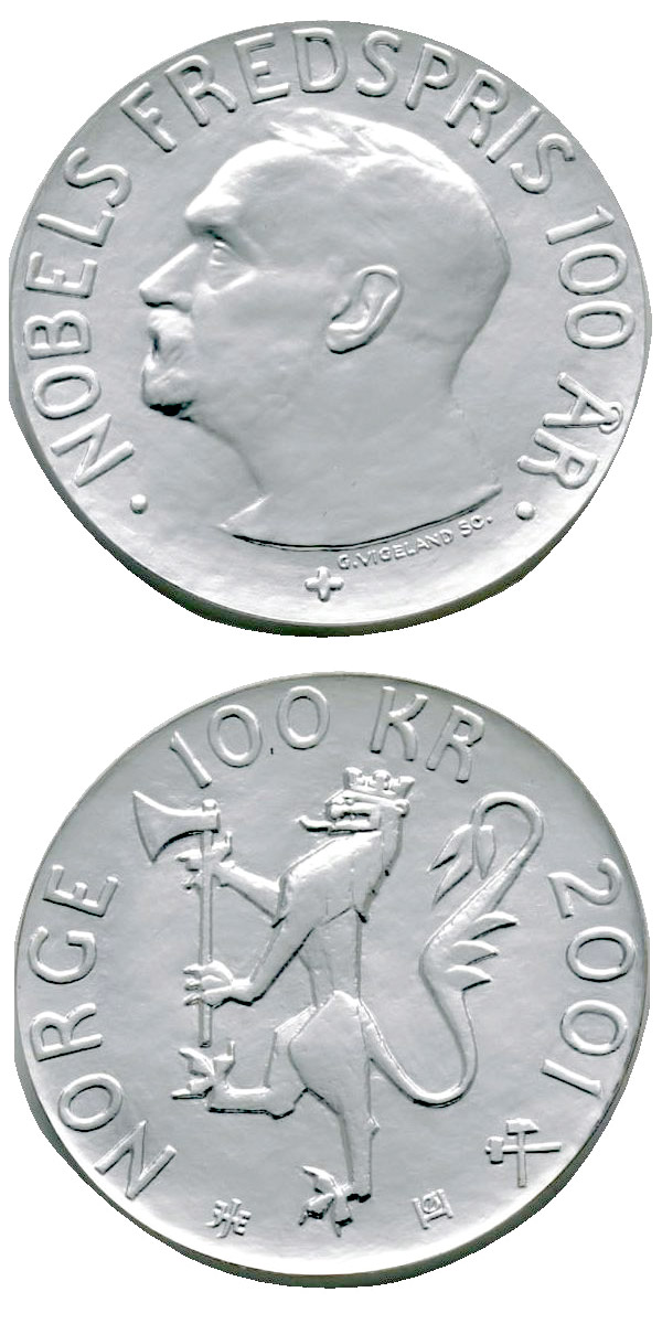 Image of 100 krone coin - 100th Anniversary of the Nobel Peace Prize | Norway 2001.  The Silver coin is of Proof quality.
