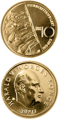 Image of 10 krone coin - 100th Anniversary of Introduce of Universal Suffrage in Norway | Norway 2013.  The Nordic gold (CuZnAl) coin is of BU, UNC quality.