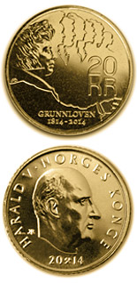 Image of 20 krone coin - Bicentenary of the Norwegian Constitution 2014 | Norway 2014.  The Nordic gold (CuZnAl) coin is of BU, UNC quality.