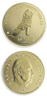 Image of 20 krone coin - Supreme Court bicentenary | Norway 2015.  The Nordic gold (CuZnAl) coin is of BU, UNC quality.