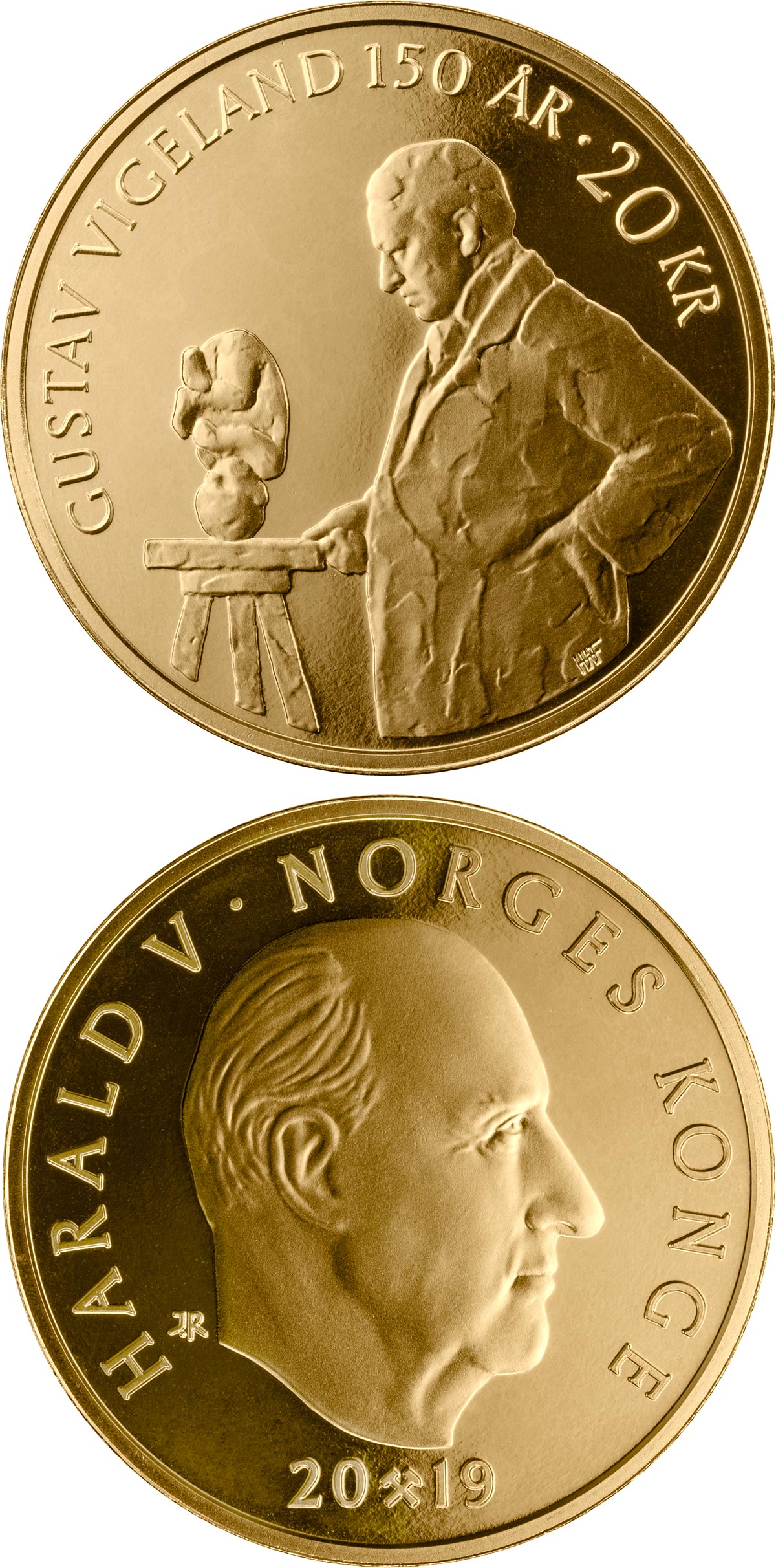 Image of 20 krone coin - Gustav Vigeland | Norway 2019.  The Nordic gold (CuZnAl) coin is of BU, UNC quality.