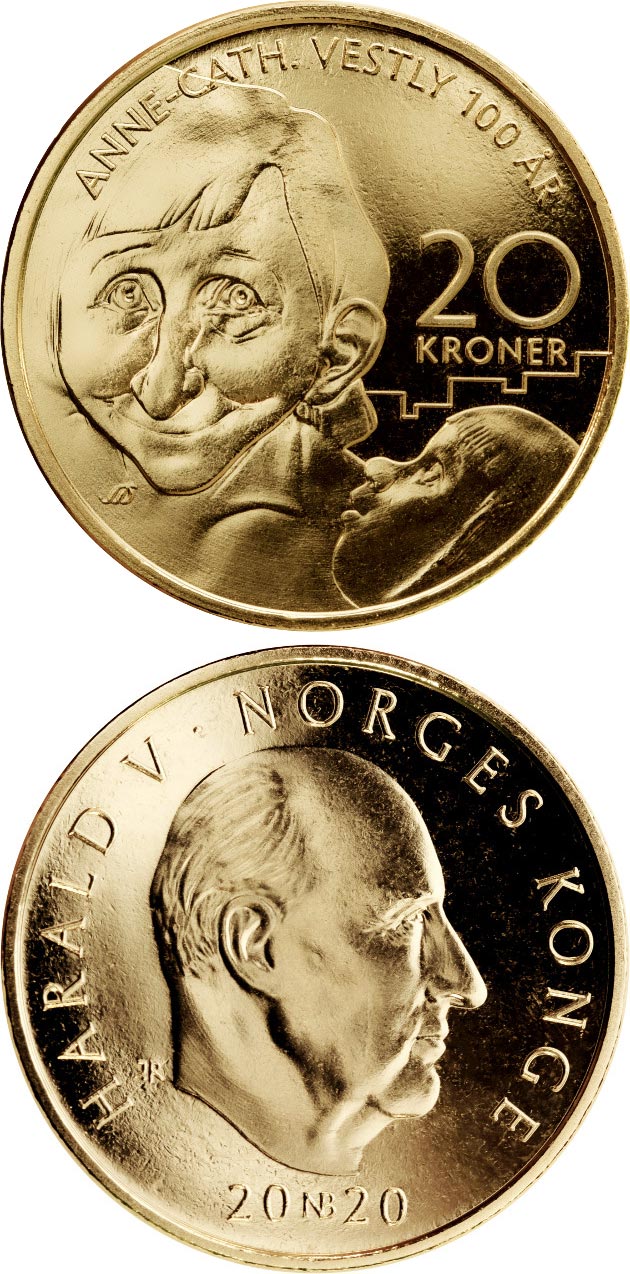 Image of 20 krone coin - Anne Cath Vestly | Norway 2020.  The Nordic gold (CuZnAl) coin is of BU, UNC quality.