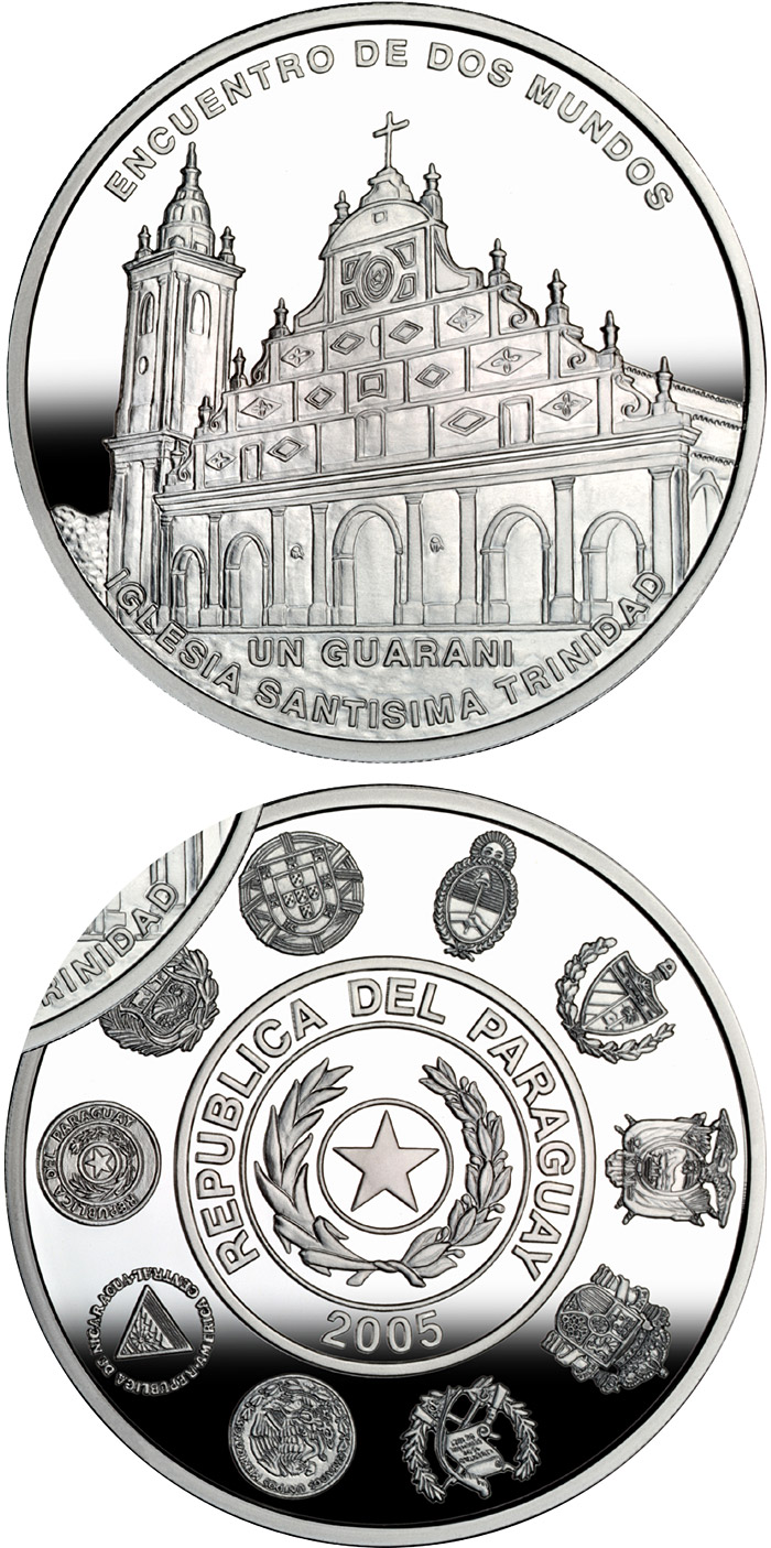Image of 1 guaraní coin - Architecture and Monuments – Temple of the Holy Trinity | Paraguay 2005.  The Silver coin is of Proof quality.