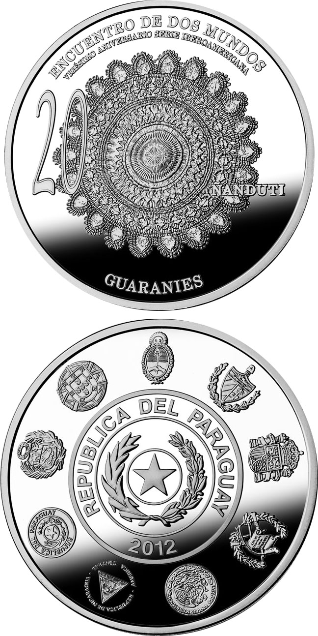 Image of 1 guaraní coin - 20th Anniversary of the Ibero-American Series | Paraguay 2012.  The Silver coin is of Proof quality.