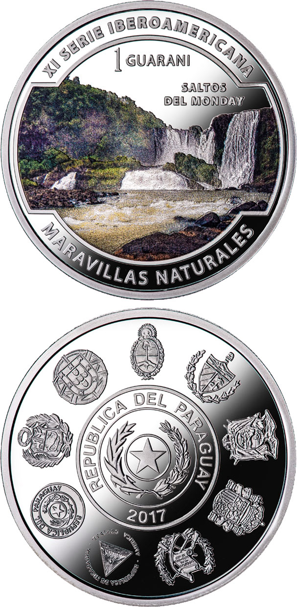 Image of 1 guaraní coin - Wonders of nature - Monday River Waterfalls | Paraguay 2017.  The Silver coin is of Proof quality.