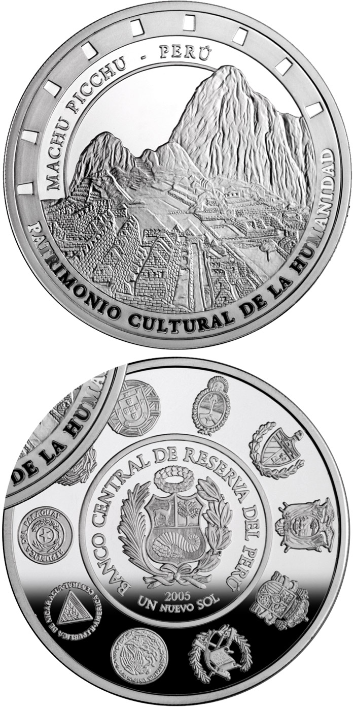 Image of 1 Nuevo Sol coin - Architecture and Monuments – Machu Picchu | Peru 2005.  The Silver coin is of Proof quality.