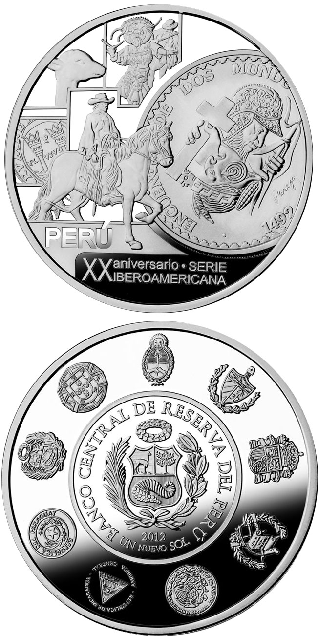 Image of 1 Nuevo Sol coin - 20th Anniversary of the Ibero-American Series | Peru 2012.  The Silver coin is of Proof quality.
