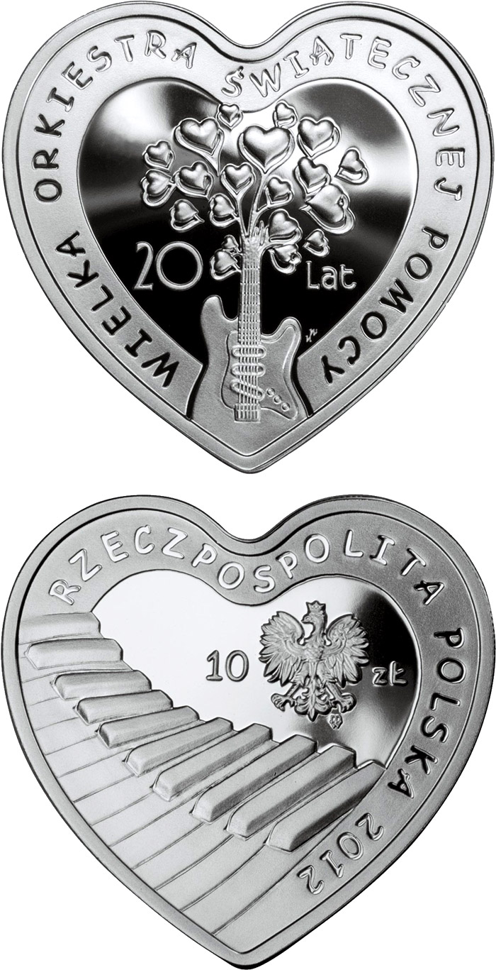 Image of 10 zloty coin - 20 Years of The Great Orchestra of Christmas Charity  | Poland 2012.  The Silver coin is of Proof quality.