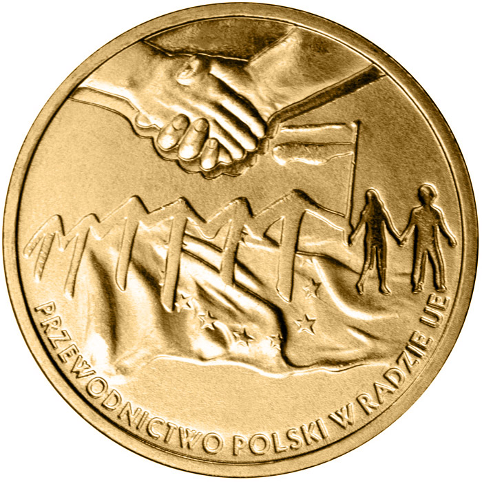 Image of 2 zloty coin - Poland’s Presidency of the Council of the European Union  | Poland 2011.  The Nordic gold (CuZnAl) coin is of UNC quality.