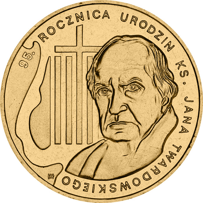 Image of 2 zloty coin - 95th Anniversary of the Birth of rev. Jan Twardowski  | Poland 2010.  The Nordic gold (CuZnAl) coin is of UNC quality.