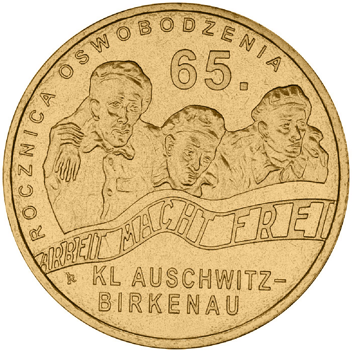 Image of 2 zloty coin - 65th anniversary of liberation of KL Auschwitz-Birkenau  | Poland 2010.  The Nordic gold (CuZnAl) coin is of UNC quality.