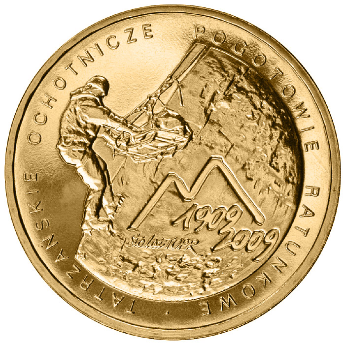 Image of 2 zloty coin - 100th Anniversary of the Establishment of the Voluntary Tatra Mountains Rescue Service  | Poland 2009.  The Nordic gold (CuZnAl) coin is of UNC quality.