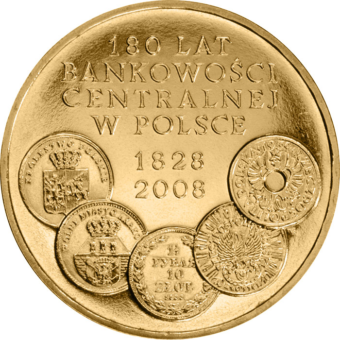 Image of 2 zloty coin - 180 Years of Central Banking in Poland  | Poland 2009.  The Nordic gold (CuZnAl) coin is of UNC quality.