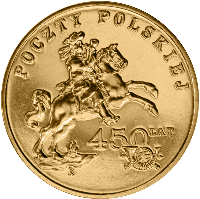 Image of 2 zloty coin - 450 Years of the Polish Postal Service  | Poland 2008.  The Nordic gold (CuZnAl) coin is of UNC quality.