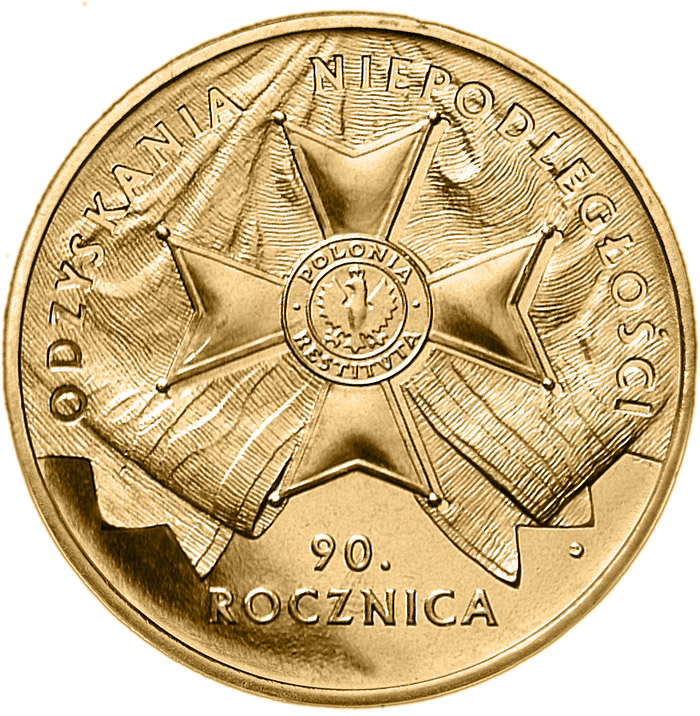 Image of 2 zloty coin - 90th Anniversary of Regaining Independence by Poland  | Poland 2008.  The Nordic gold (CuZnAl) coin is of UNC quality.