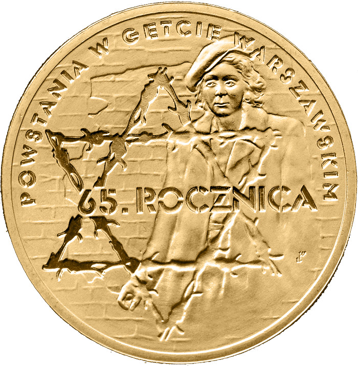 Image of 2 zloty coin - 65th Anniversary of Warsaw Ghetto Uprising  | Poland 2008.  The Nordic gold (CuZnAl) coin is of UNC quality.