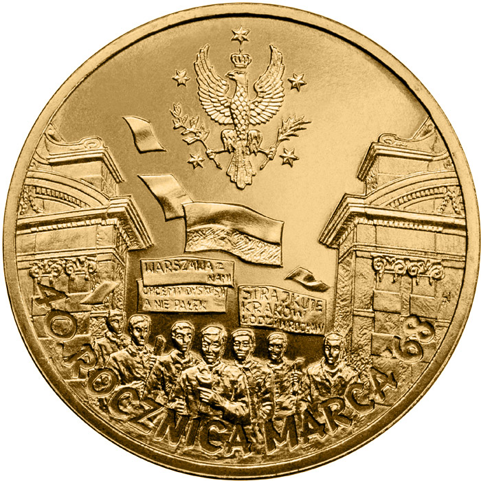 Image of 2 zloty coin - 40th Anniversary of March 1968  | Poland 2008.  The Nordic gold (CuZnAl) coin is of UNC quality.