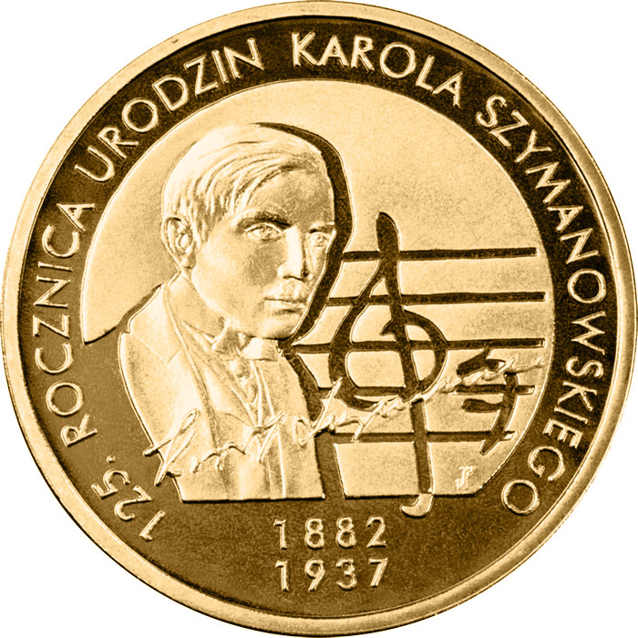 Image of 2 zloty coin - 125th Anniversary of Karol Szymanowski's Birth | Poland 2007.  The Nordic gold (CuZnAl) coin is of UNC quality.