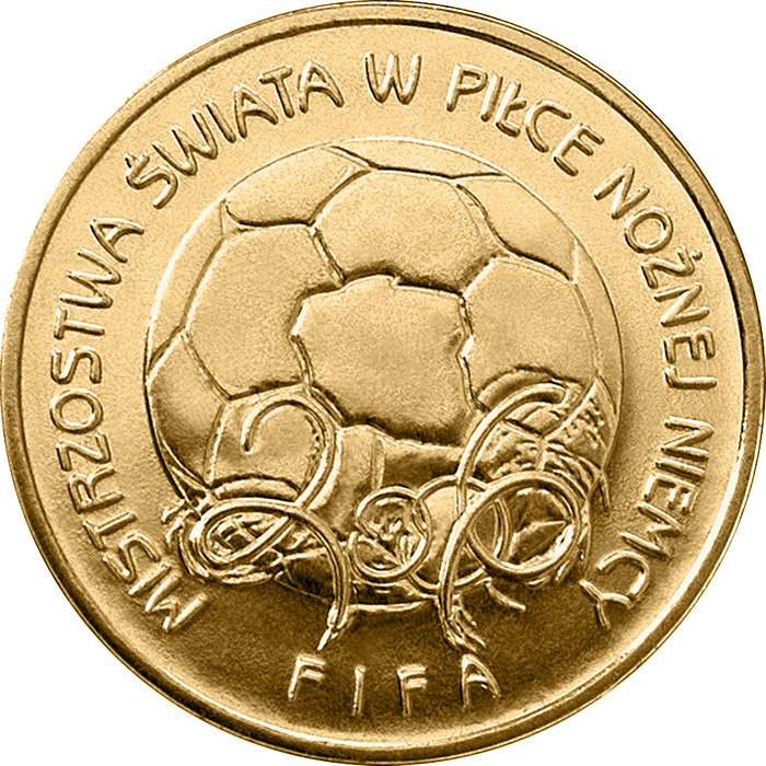 Image of 2 zloty coin - The 2006 FIFA World Cup Germany | Poland 2006.  The Nordic gold (CuZnAl) coin is of UNC quality.