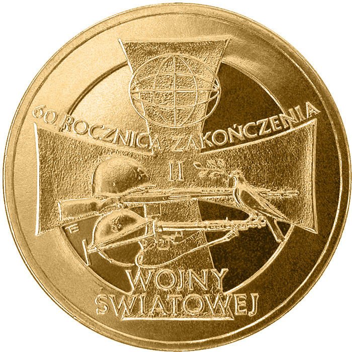 Image of 2 zloty coin - 60th Anniversary of the Ending of World War Two  | Poland 2005.  The Nordic gold (CuZnAl) coin is of UNC quality.