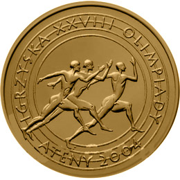 Image of 2 zloty coin - XXVIIIth Olympic Games - Athens 2004  | Poland 2004.  The Nordic gold (CuZnAl) coin is of UNC quality.