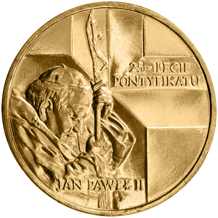 Image of 2 zloty coin - 25 Years of the Pontificate of John Paul II  | Poland 2003.  The Nordic gold (CuZnAl) coin is of UNC quality.